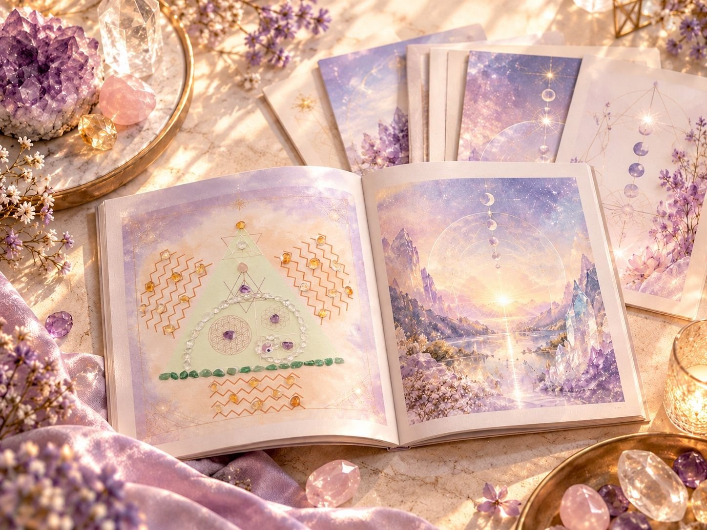 Guia Personalizado aberto, com ilustrações de geometria sagrada e paisagens