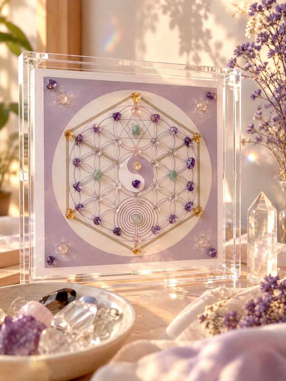 Matriz Cristalina Pessoal em moldura de acrílico, ao lado de cristais e flores de lavanda